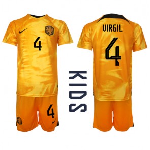 Holandsko Virgil van Dijk #4 Dětské Domácí dres komplet MS 2022 Krátký Rukáv (+ trenýrky)